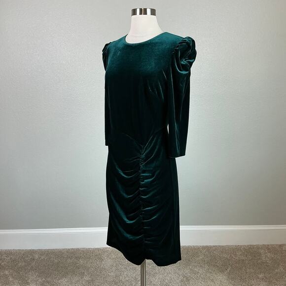 Vince Camuto Long Sleeve Velvet Ruched Midi Sheath Cocktail Dress Green Size 14 - Picture 4 of 13